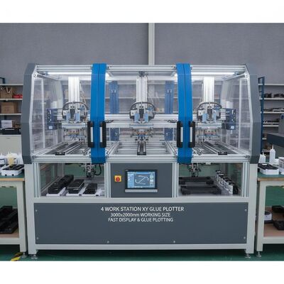 Plotter de pegamento XY de 4 estaciones de trabajo con tamaño de trabajo de 3000x2000 mm para aplicaciones de pegamento frío y termofusible